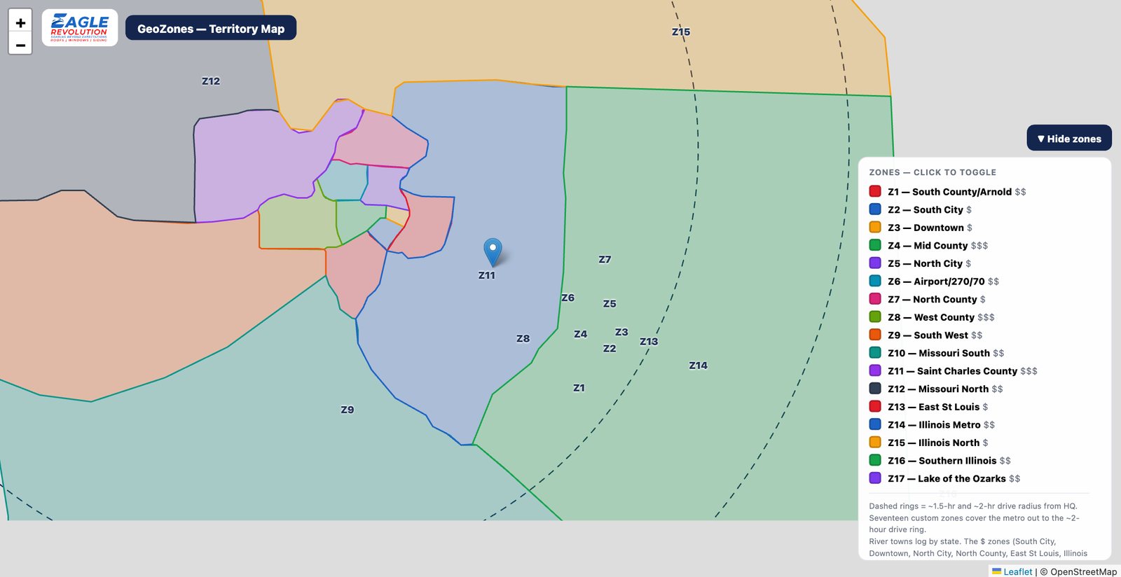 The territory system — 17 custom zones across one metro, graded by value